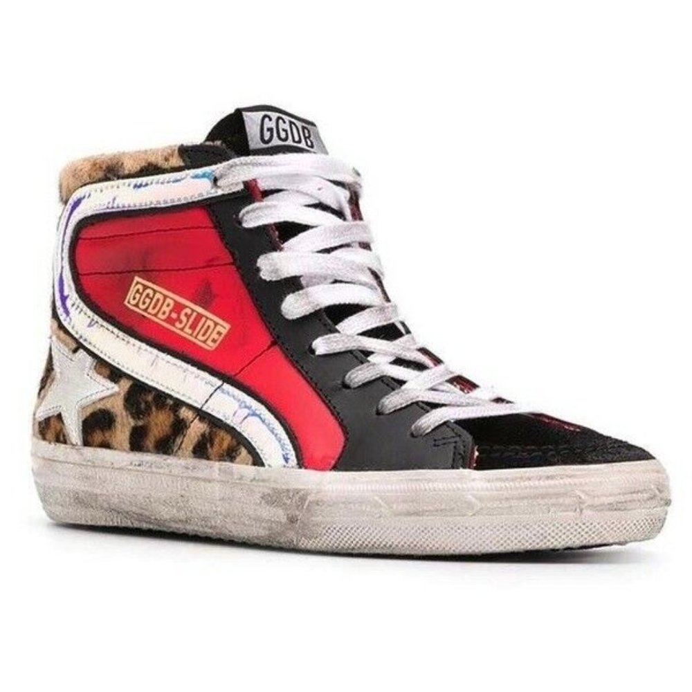 Golden Goose Calf Hair Leopard Red Slide High Top Sneakers Size 10 40
